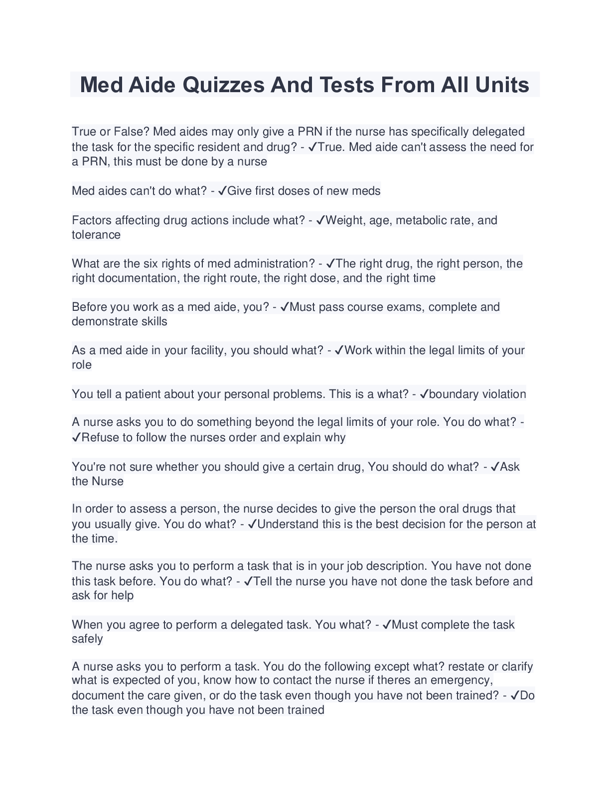 Preview image for Med Aide Quizzes And Tests From All Units (Latest 2023/2024) Complete Solutions